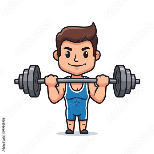 Athletic Man Lifting Barbell, Cartoon Fitness Character, Weightlifting Exercise