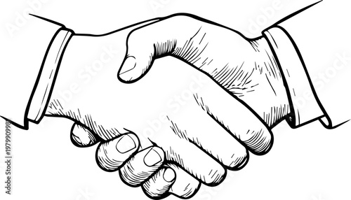 Hand Drawn Handshake Black and White Illustration in Minimal Line Art Style Design