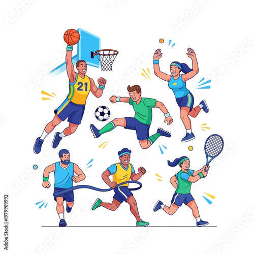 Diverse Athletes Playing Sports Together - Basketball, Soccer, Tennis, Running, Hoop