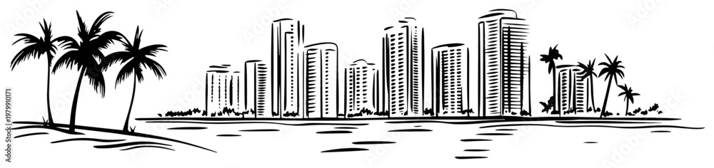 Obraz premium Seaside city skyline with palm trees and water. Hand drawn Miami or coastal resort vector illustration