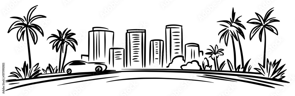 Fototapeta premium Tropical city skyline with palm trees and car on the road. Hand drawn summer travel vector sketch
