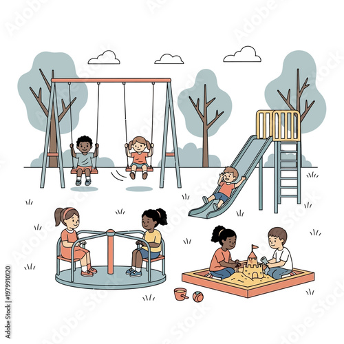 Diverse children playing joyfully on playground equipment, park, summer fun