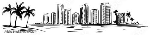 Seaside city skyline with palm trees and water. Hand drawn Miami or coastal resort vector illustration