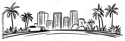 Tropical city skyline with palm trees and car on the road. Hand drawn summer travel vector sketch