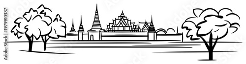 Bangkok cityscape with Grand Palace famous landmark in Thailand. Hand drawn vector sketch illustration.
