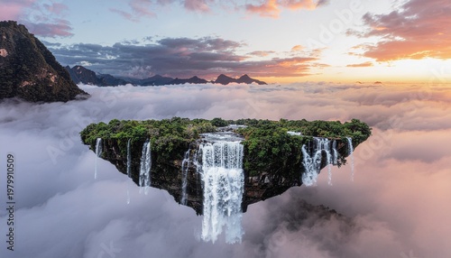 Dramatic floating cliff island with cascading waterfall in misty sunset sky