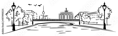 Berlin cityscape with Spree river Brandenburg Gate and TV Tower Hand drawn urban sketch vector illustration