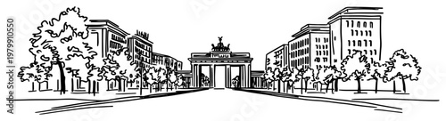 Brandenburg Gate in Berlin Germany cityscape view. Famous landmark hand drawn vector sketch.
