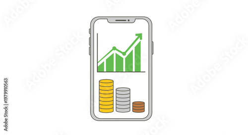Smartphone displays financial growth graph.