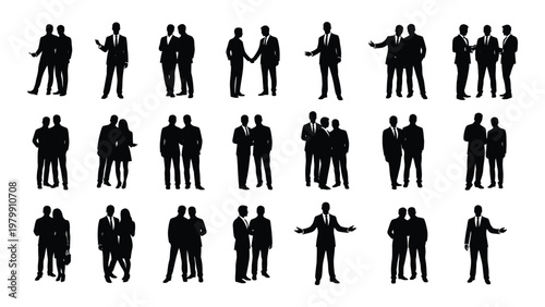 A collection of silhouetted business people in various poses including handshakes and conversations against a white background high quality professional detailed
