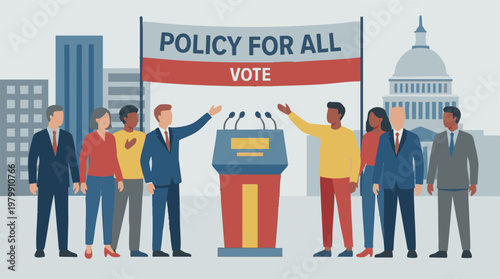 Diverse citizens promote policy and voting at a political event with city backdrop