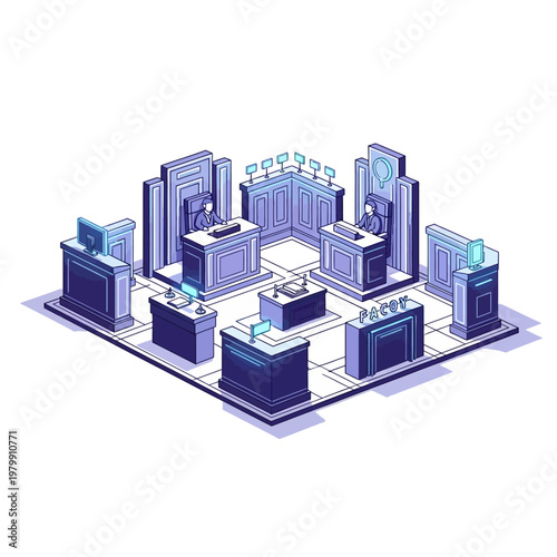 Isometric courtroom illustration with judges, lawyers, and jury box, digital art