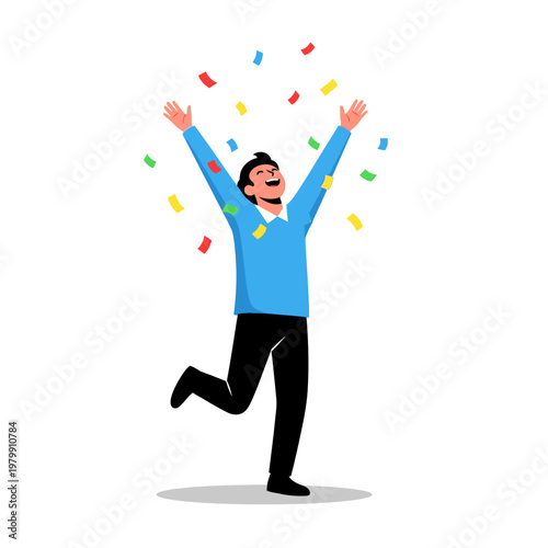 Man celebrating victory with confetti, arms raised in joy and success