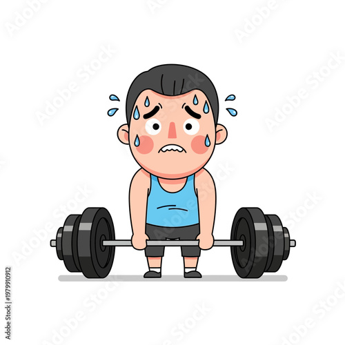 Cartoon Man Struggling to Lift Heavy Barbell, Sweating and Straining in Gym