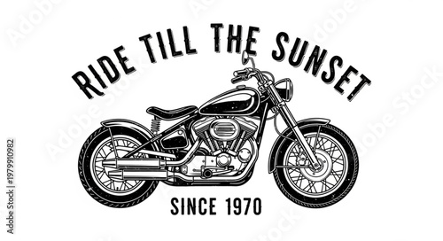 Vintage Motorcycle Illustration with Sunset Ride Text.