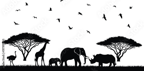 African Safari Wildlife Silhouette Vector Illustration with Elephant, Giraffe, Rhino, Ostrich, and Trees, Nature Landscape Scene with Flying Birds