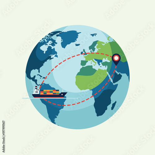 Global shipping route with a container ship and destination pin on a world map, symbolizing international trade and logistics.