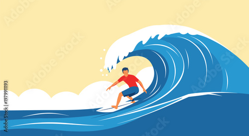 Male surfer riding a massive blue ocean wave against a clear sky in a minimalist flat vector graphic illustration.