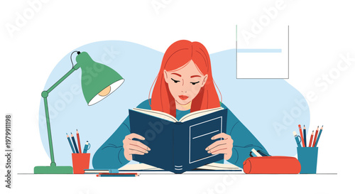 Young red haired girl focusing intently while reading a large book at her desk with a green lamp and stationery nearby.