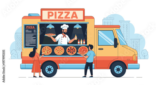 Mobile pizza food truck with a chef serving customers delicious pizzas in a city environment with tall buildings in background.