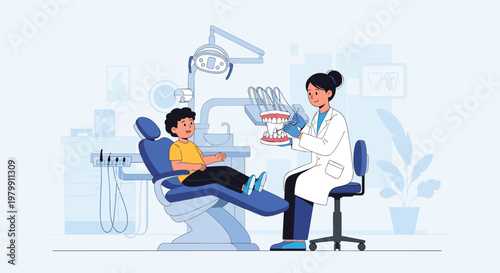 Young boy sitting in a dental chair while a professional female dentist shows him a large tooth model in a clinic.