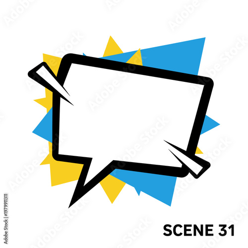 Pop art style blank speech bubble with dynamic yellow and blue geometric shapes, perfect for comic book text or communication.