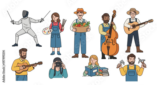 Collection of people engaged in various hobbies and professions such as fencing, painting, farming, music, and photography.