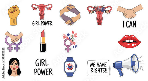 Set of feminist stickers including slogans like girl power, we have rights, and various symbols of female empowerment.