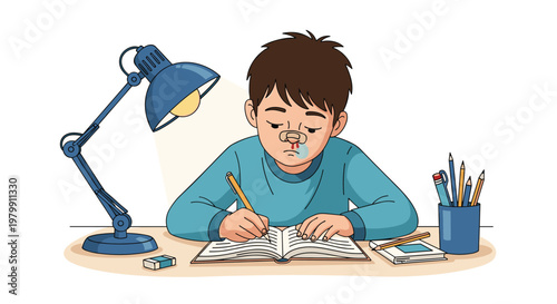 Exhausted young boy with a bandage on his nose and a nosebleed focusing on his studies at a desk with a lamp.