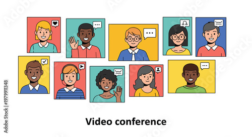 Large diverse group of people participating in an online video conference meeting with various icons and speech bubbles.