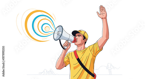 Man wearing a yellow shirt and cap speaking into a loud megaphone with sound waves projecting outwards and his hand raised.