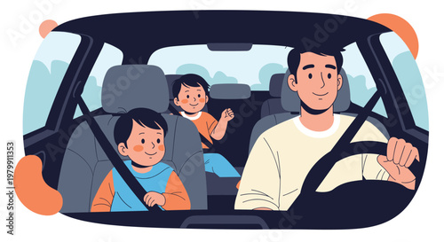 Happy father driving a car while his two young children sit safely in the back seat with their seatbelts on.
