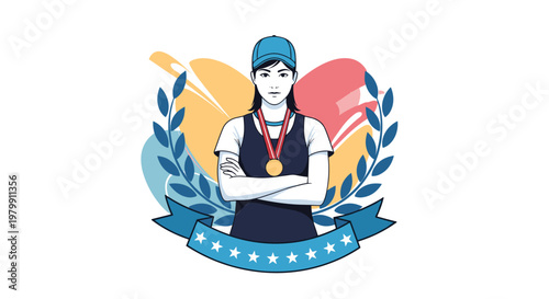 Proud female athlete with crossed arms wearing a gold medal and a cap surrounded by a laurel wreath and stars.