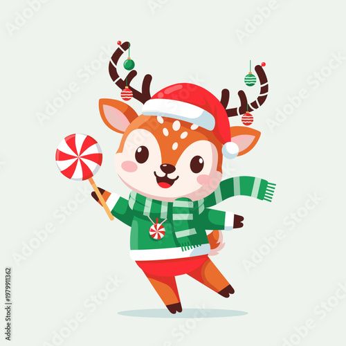 A cute cartoon reindeer wearing a Santa hat and striped scarf, holding a red and white lollipop, celebrating Christmas.