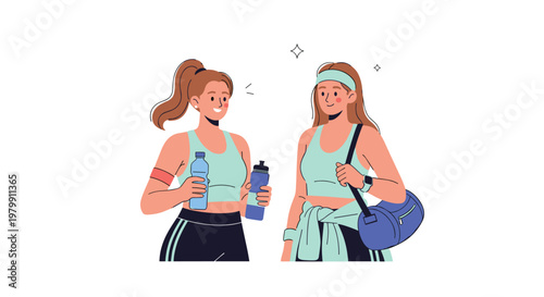 Two sporty young women chatting after workout at gym holding water bottles and gym bag for healthy lifestyle concept.