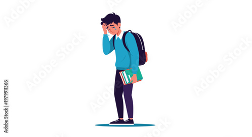 Sad schoolboy crying and feeling lonely while holding books and wearing a backpack after school or failed exam.