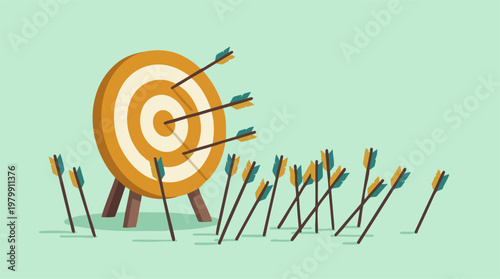 Foto Illustration of many arrows missing an archery target, symbolizing failure or st