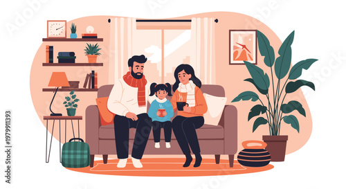 Sick family sitting together on a sofa with scarves and warm drinks while recovering from cold or flu at home.