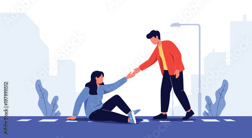 Kind young man offering a helping hand to a woman who has fallen down on the city street under lamplight at night.