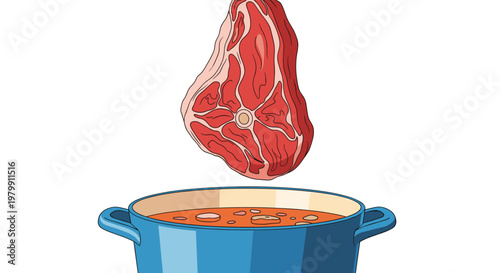 Large piece of fresh raw meat falling into a blue pot of boiling vegetable soup for cooking and recipe concept.