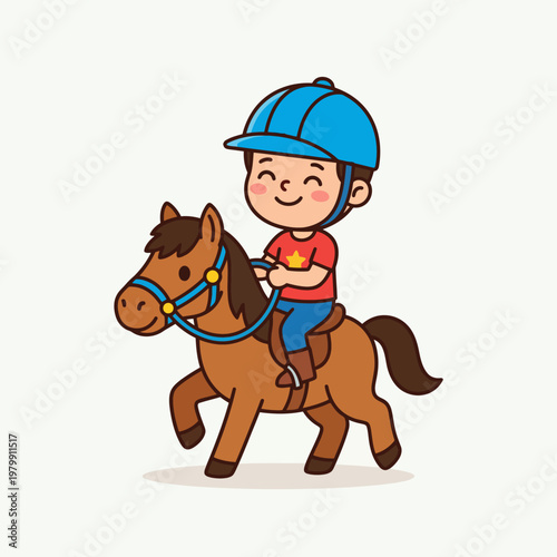 Boy Riding Brown Horse Wearing Helmet.