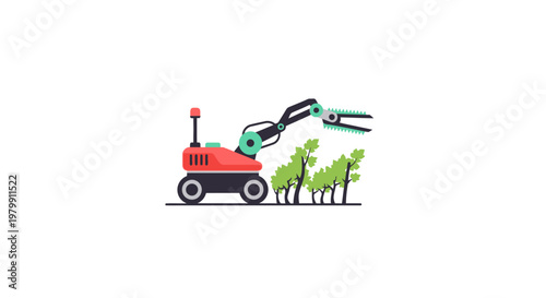 Red excavator lifting green trees.