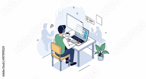 Isometric Vector Illustration of a Professional Man Working on Laptop in a Modern Coworking Space, Customer Service Agent with Headphones and Digital Interface