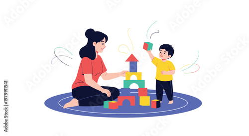 Happy mother and her little son sitting on the floor and playing with colorful toy blocks at home in the playroom.