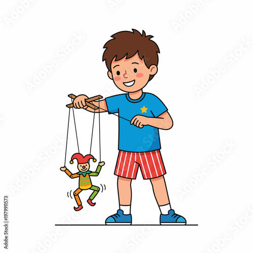 Boy playing with puppet on strings.