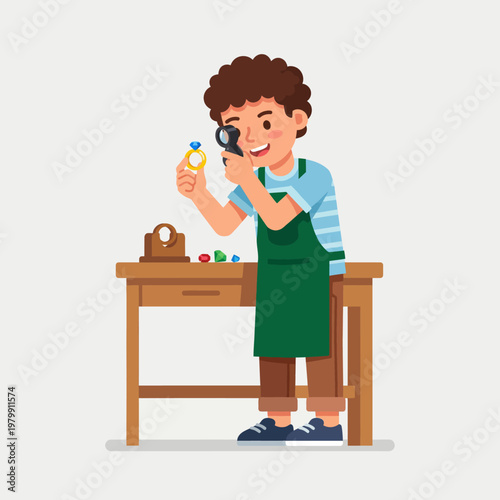 Boy wearing green apron examining object.