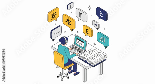 Isometric Illustration of a Woman Learning Multiple Languages Online with Laptop and Speech Bubbles