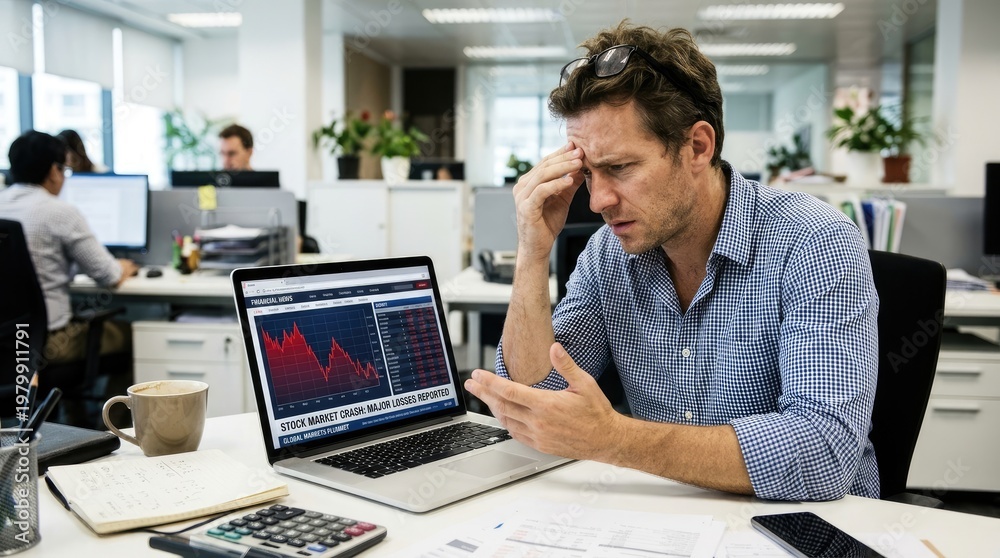 Fototapeta premium A stressed man sits at a desk in an office, clutching his head with his hands. He stares intently at a laptop displaying a red stock market graph.