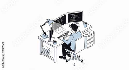 Isometric Illustration of Software Developer Working on Workstation with Triple Monitor Setup and Coding Interface