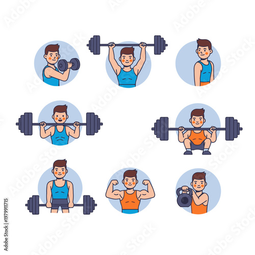 Fitness Man Exercising Collection: Weightlifting, Dumbbell, Barbell, Squat, Biceps, Kettlebell